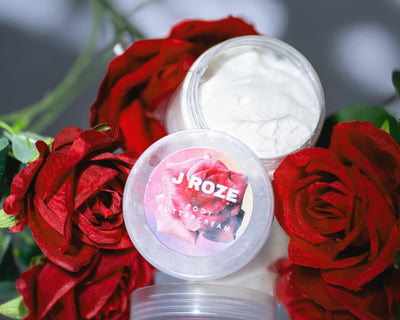 J Roze Collection natural body butter cream with red roses - vegan cruelty-free moisturizer